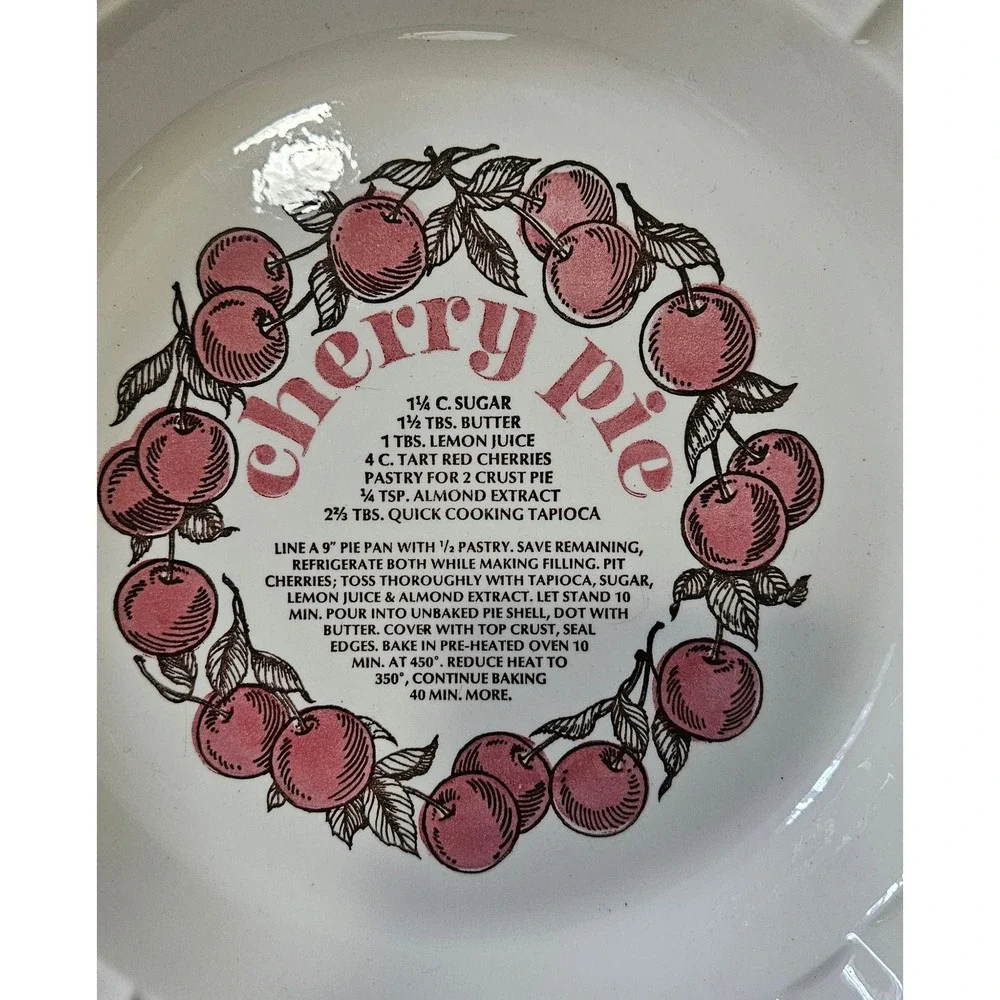 Vintage Cherry Pie Recipe Ceramic Baking Dish 10 Inch White Stoneware Plate